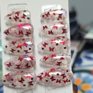 Clear Red Butterfly Press On Nails Med Length
